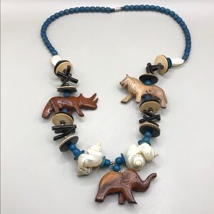 Vintage African Safari Carved Animals Wodden and Real Shell Statement Necklace.